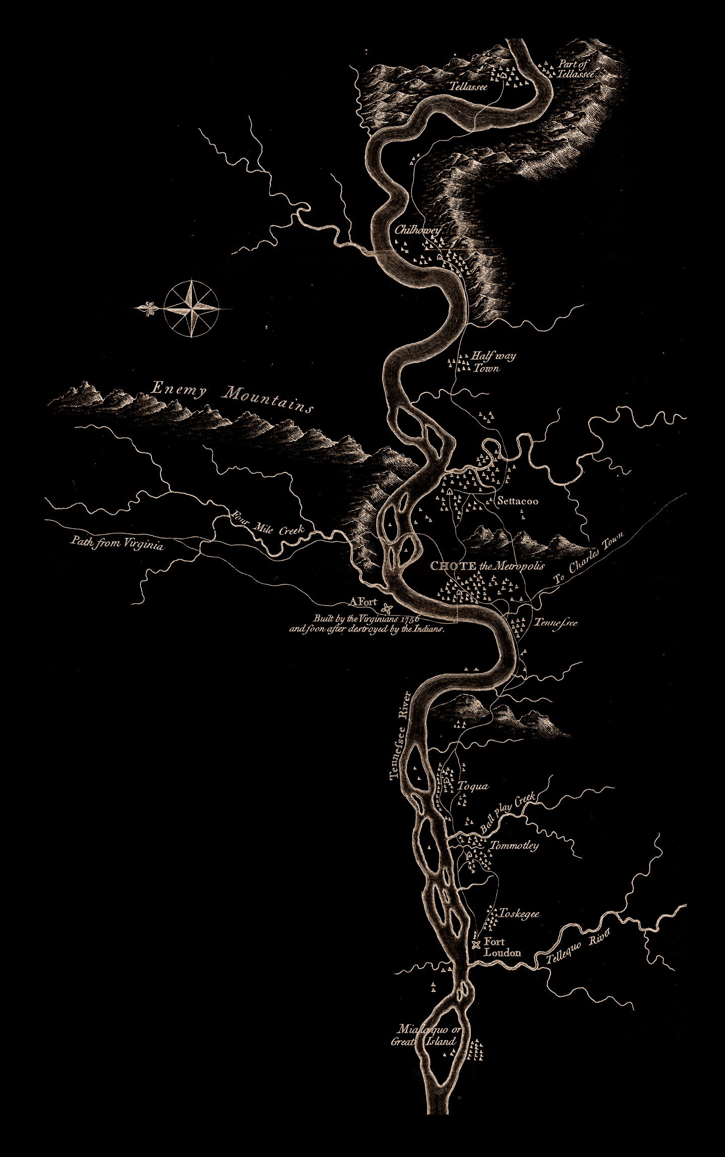 The Timberlake Map (1762) — Cherokee Overhill towns along the Little Tennessee River